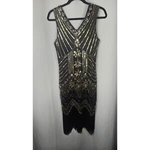 Womens Black Flapper Dress Halloween Costume Small Gold Sequins Fringe 20s Glam